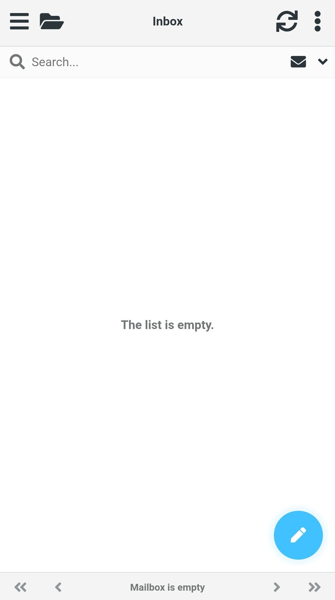 Email inbox interface showing an empty message list with a search bar, navigation icons, a refresh button, and a compose button, along with messages stating “The list is empty.” and “Mailbox is empty.”