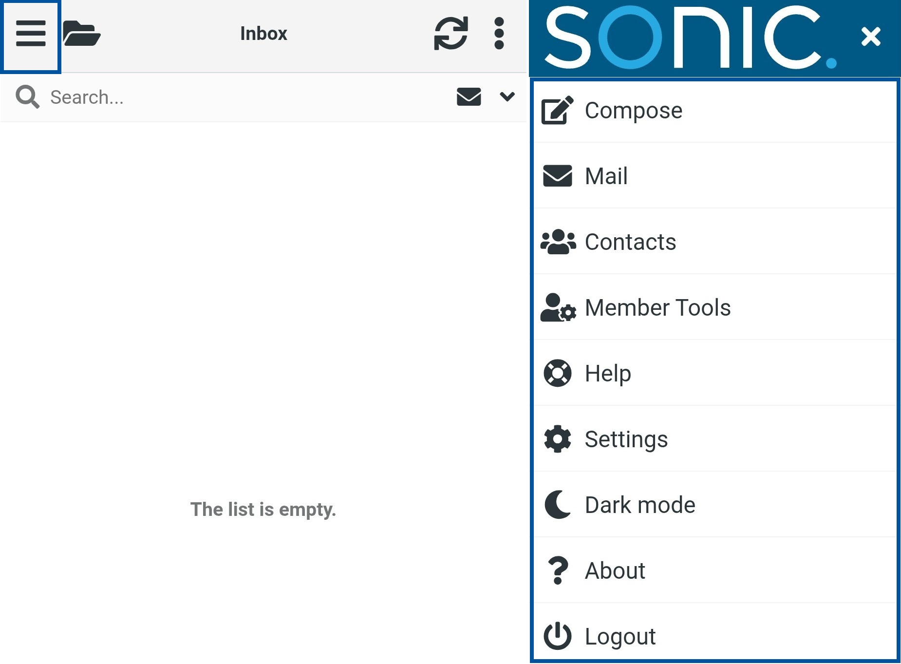Email inbox screen with the navigation menu expanded, displaying options including Compose, Mail, Contacts, Member Tools, Help, Settings, Dark mode, About, and Logout.