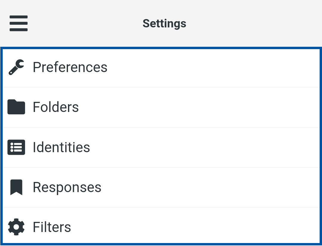 Settings screen with a list of configuration options, including Preferences, Folders, Identities, Responses, and Filters.