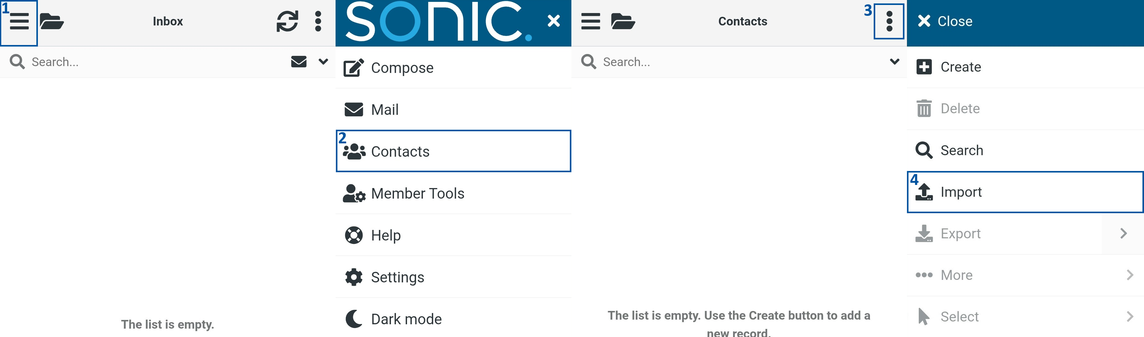 Email interface demonstrating steps to import contacts: the menu icon (1), “Contacts” option (2), options menu (3), and “Import” option (4) highlighted.