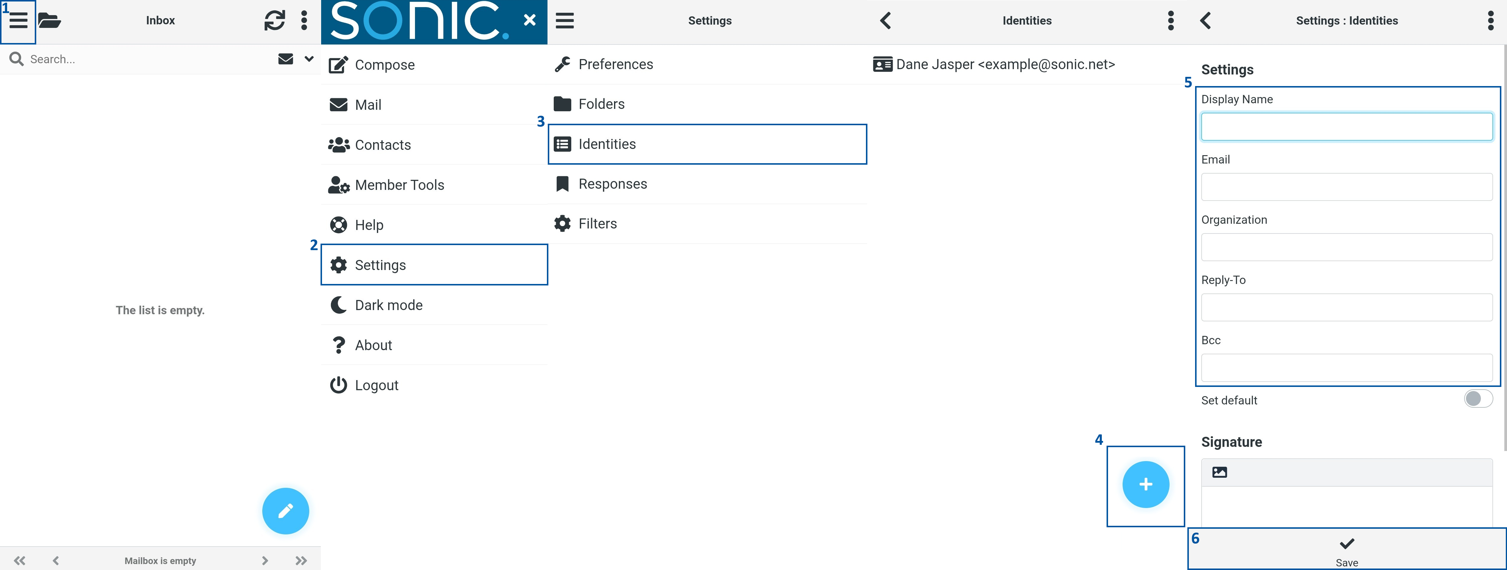 Settings and Identities interface demonstrating steps to open “Identities” (3), add a new entry using the plus (+) button (4), enter a text alternative (5), and select “Save” (6).