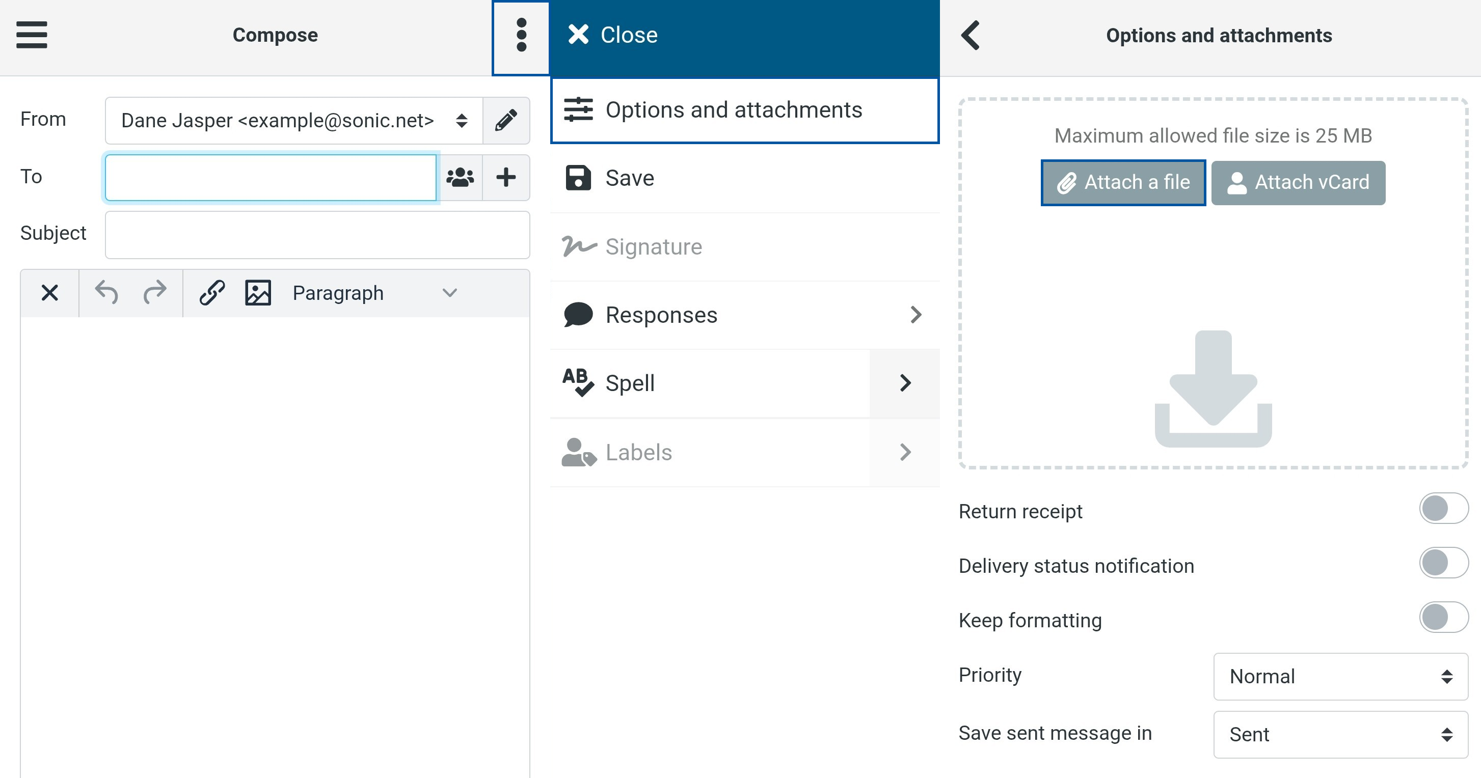 Compose email interface showing the options menu with “Options and attachments” selected and the attachment panel displaying “Attach a file” and “Attach vCard” options.