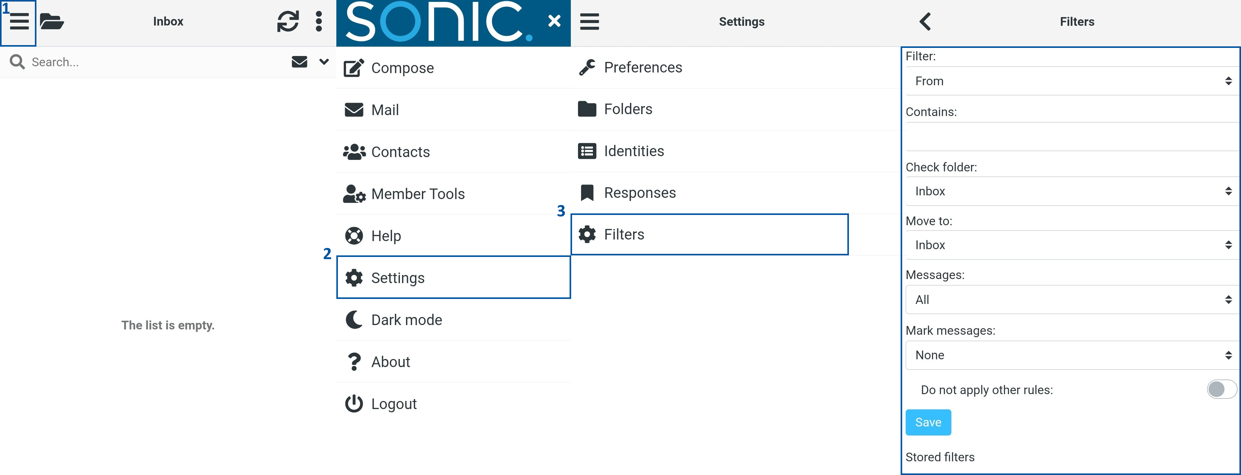 Email settings interface demonstrating steps to open the menu (1), select “Settings” (2), choose “Filters” (3), configure filter criteria such as sender and destination folder, and click “Save.”
