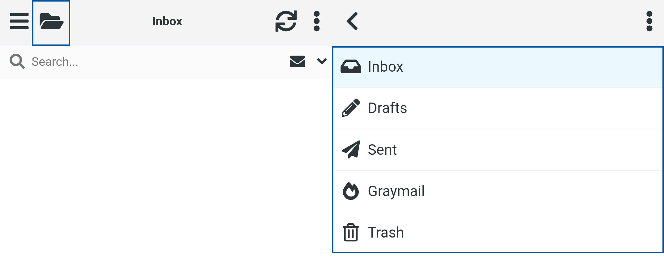 Email inbox interface showing the folder menu open with “Inbox,” “Drafts,” “Sent,” “Graymail,” and “Trash” options. 