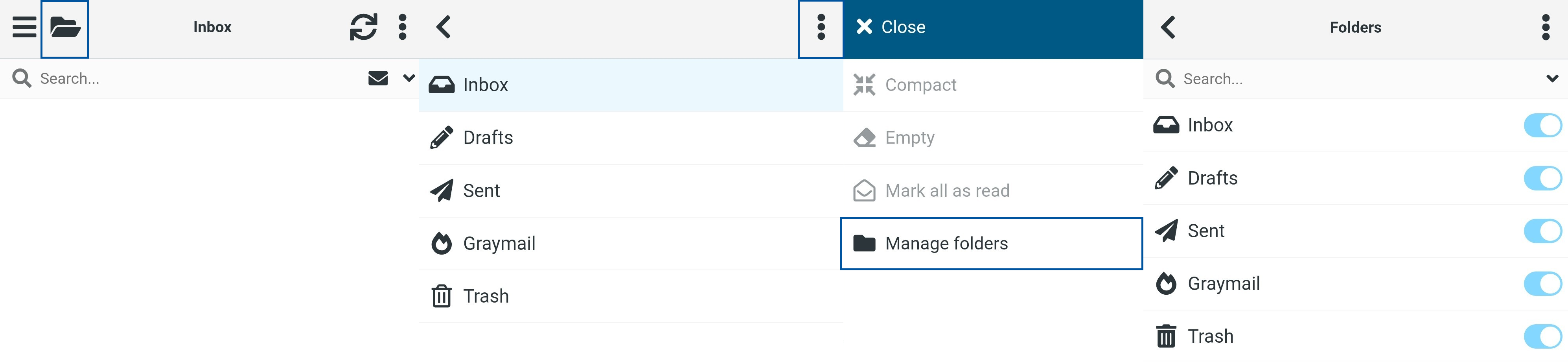 Email interface showing the options menu open with “Manage folders” selected, and the Folders panel displaying Inbox, Drafts, Sent, Graymail, and Trash with visibility toggles.