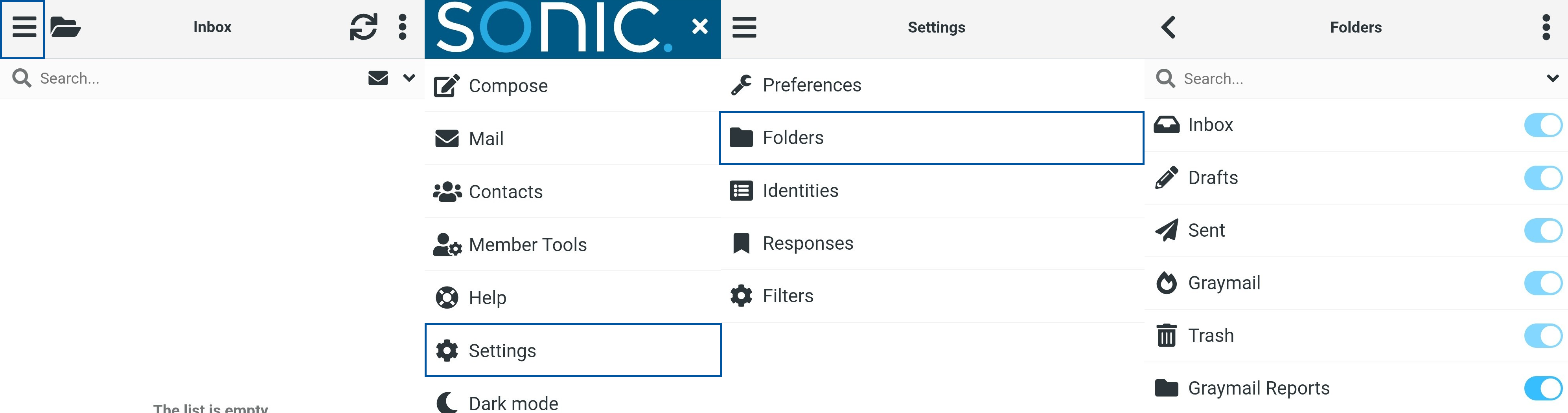 Email settings interface highlighting the “Folders” option under Preferences, with the Settings section also highlighted, and the Folders panel displaying Inbox, Drafts, Sent, Graymail, Trash, and Graymail Reports with visibility toggles.