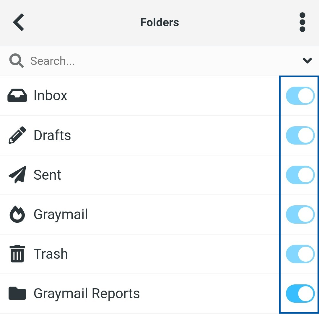 Email Folders page highlighting the visibility toggle column, showing switches for Inbox, Drafts, Sent, Graymail, Trash, and Graymail Reports. 