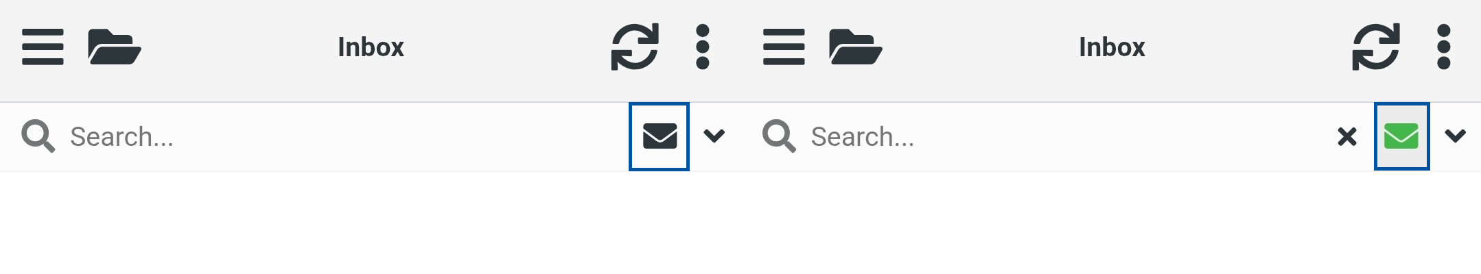 Email inbox screen showing the message selection icon, displayed as unselected and selected (green) to indicate active selection.