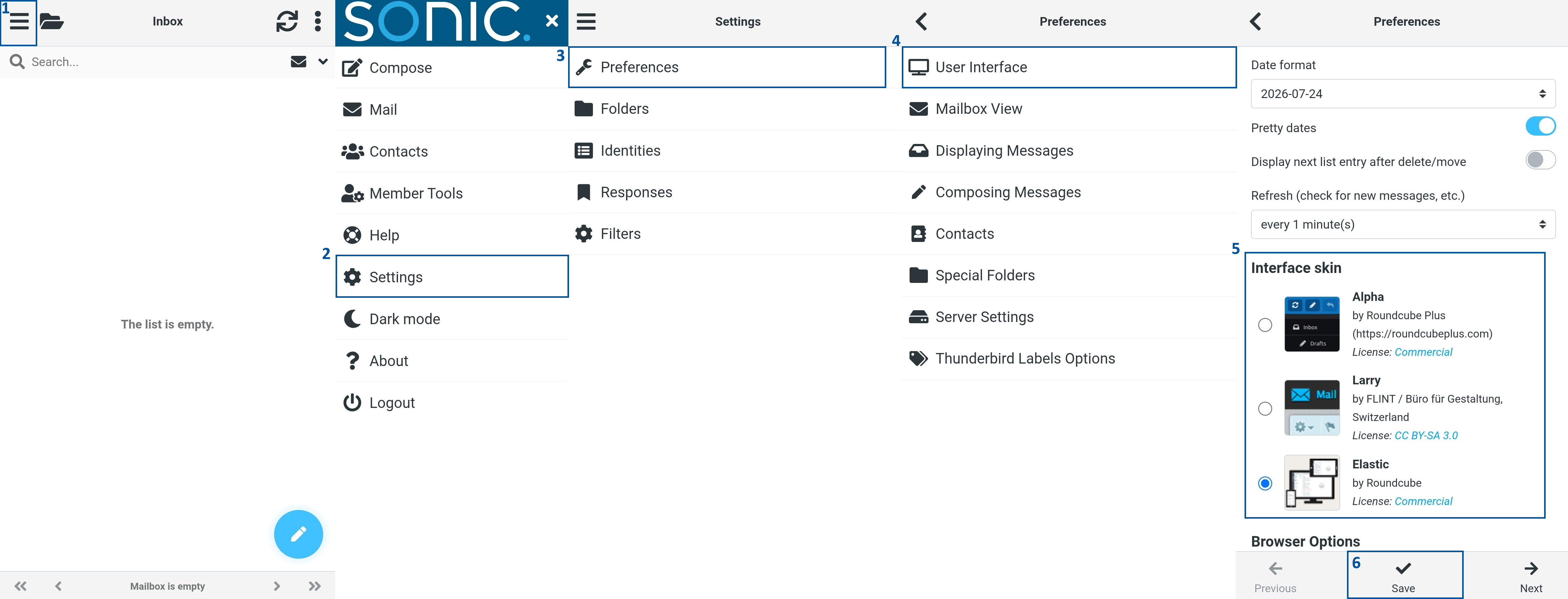 Email interface demonstrating steps to open the menu (1), select “Settings” (2), choose “Preferences” (3), open “User Interface” (4), select an interface skin (5), and click “Save” (6). 