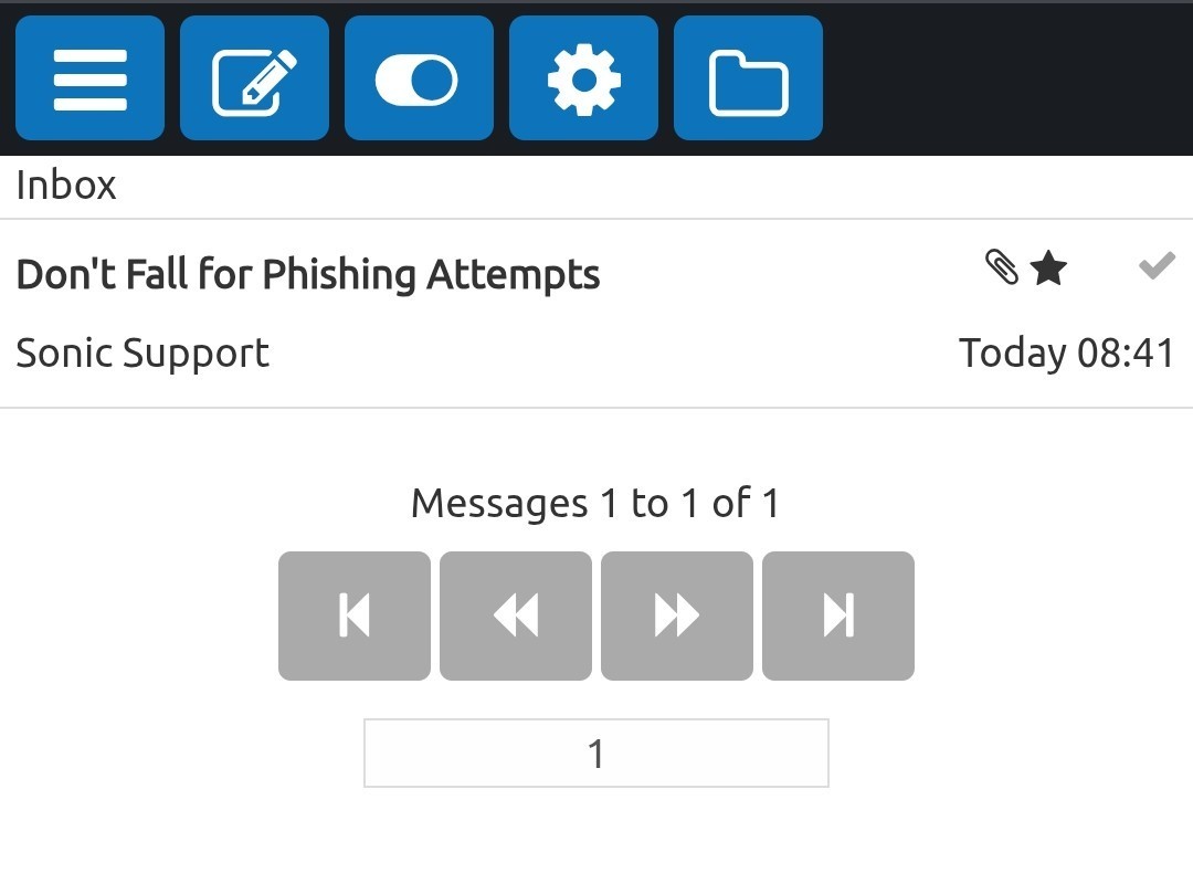 Email inbox interface in the Alpha theme showing a message from Sonic Support titled “Don’t Fall for Phishing Attempts,” with navigation controls displaying “Messages 1 to 1 of 1.