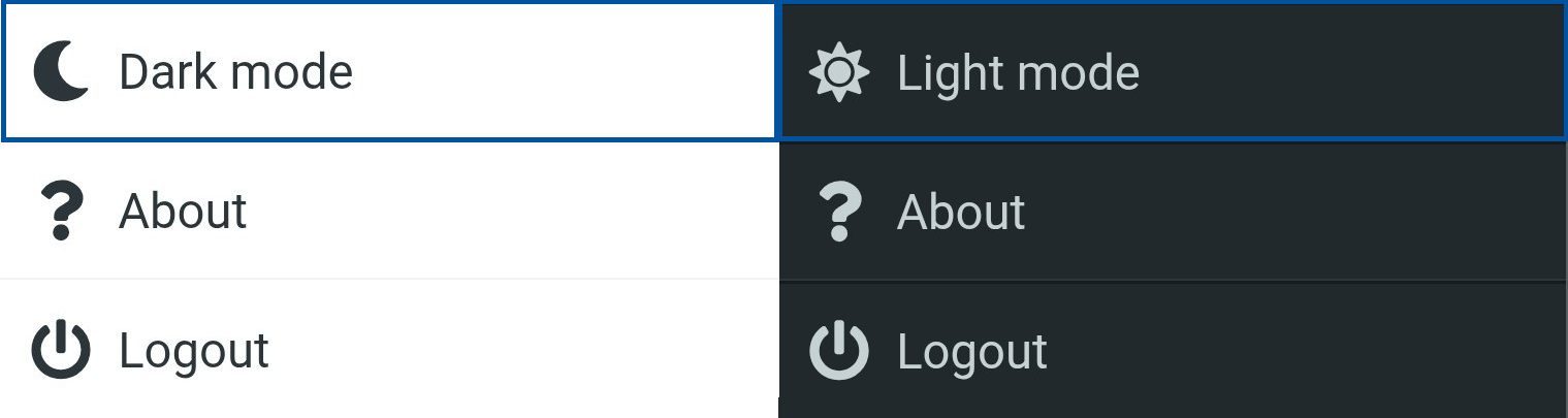 Settings menu showing switching to Dark mode on the left and switching to Light mode on the right, with “About” and “Logout” options displayed in both themes.