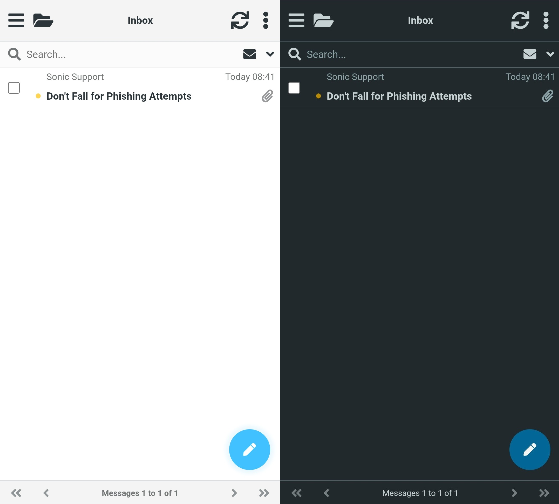Mail view comparison showing Light mode on the left and Dark mode on the right, each displaying a single message from Sonic Support titled “Don’t Fall for Phishing Attempts,” with navigation controls and compose button visible.