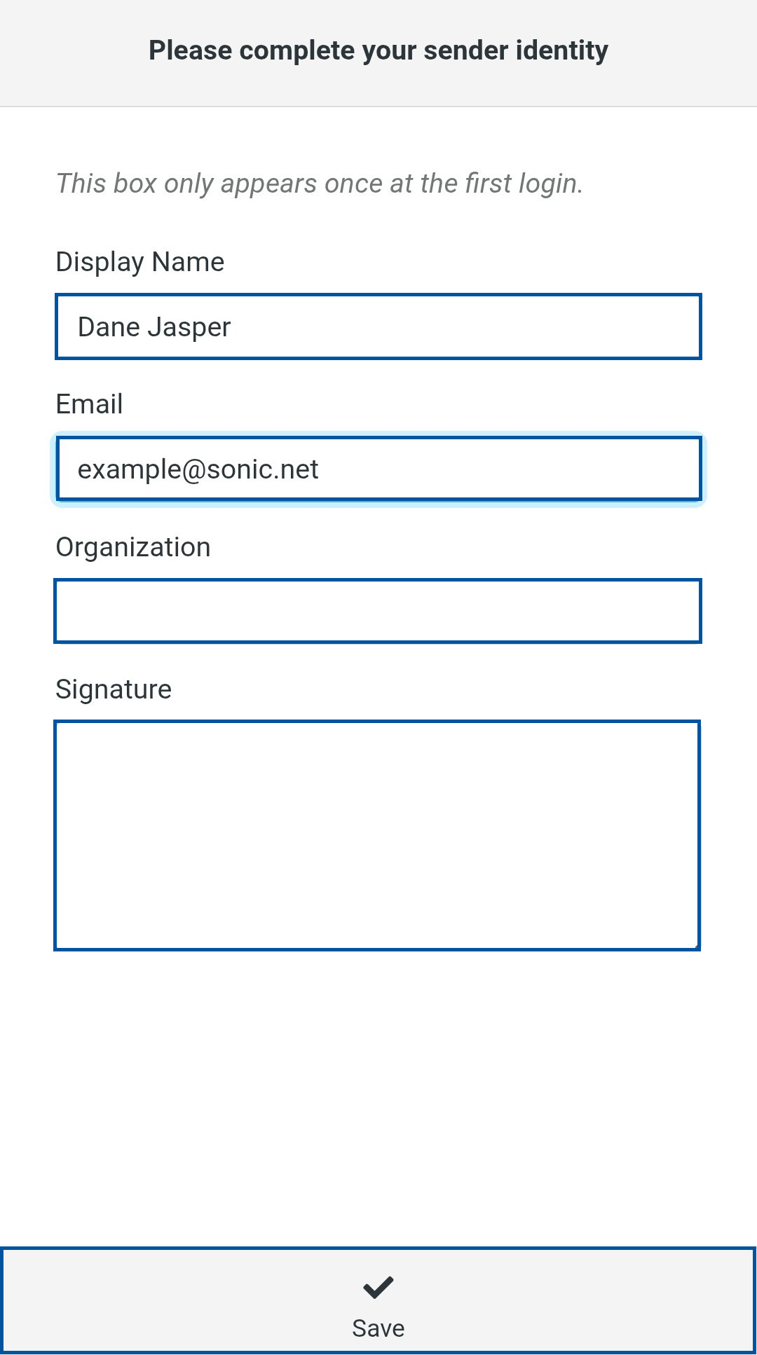 Sender identity setup page demonstrating entering a display name and email, optionally adding organization and signature details, and clicking the “Save” button.
