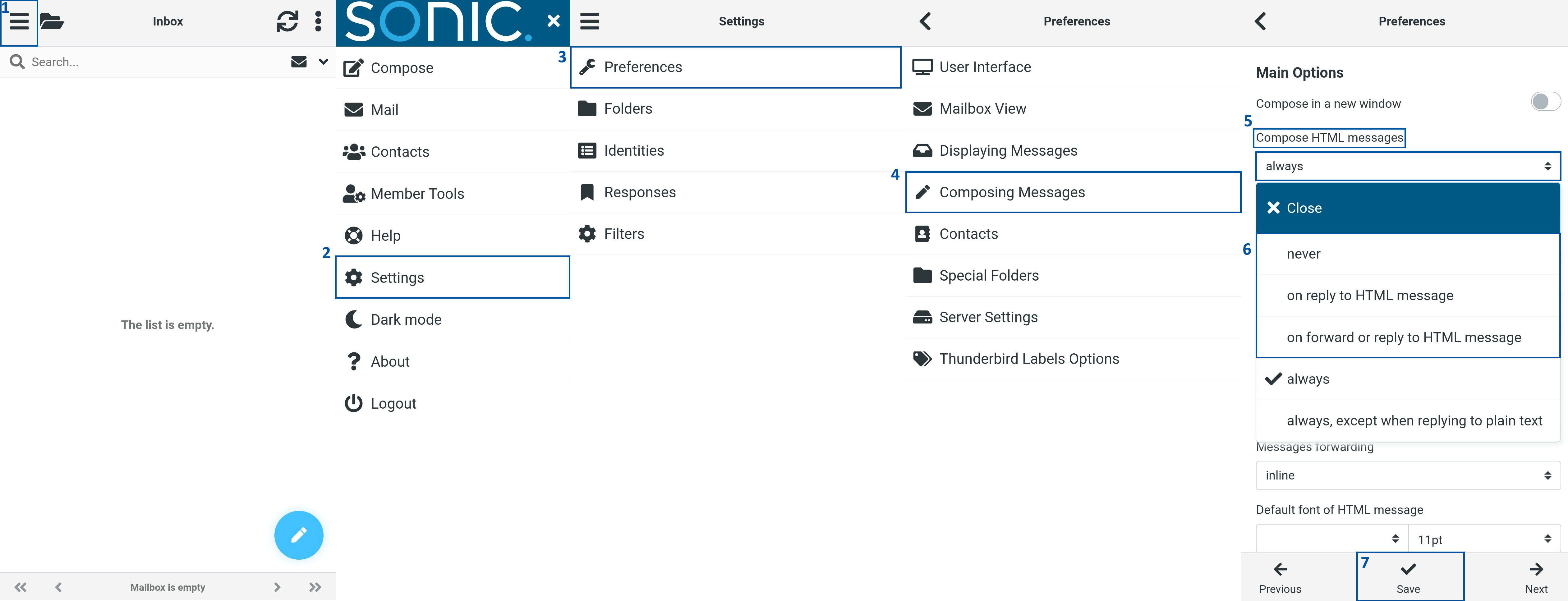 Email settings interface demonstrating steps to open the menu (1), select “Settings” (2), choose “Preferences” (3), open “Composing Messages” (4), select “Compose HTML messages” (5), choose an option from the dropdown menu (6), and click “Save” (7).