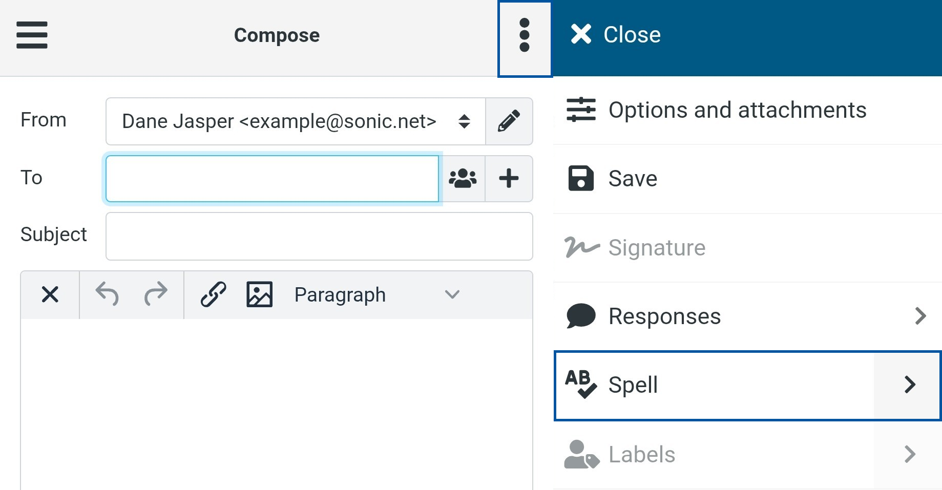 Compose email interface demonstrating opening the options menu, selecting “Spell” under Responses, and using the spell check feature while composing a message.