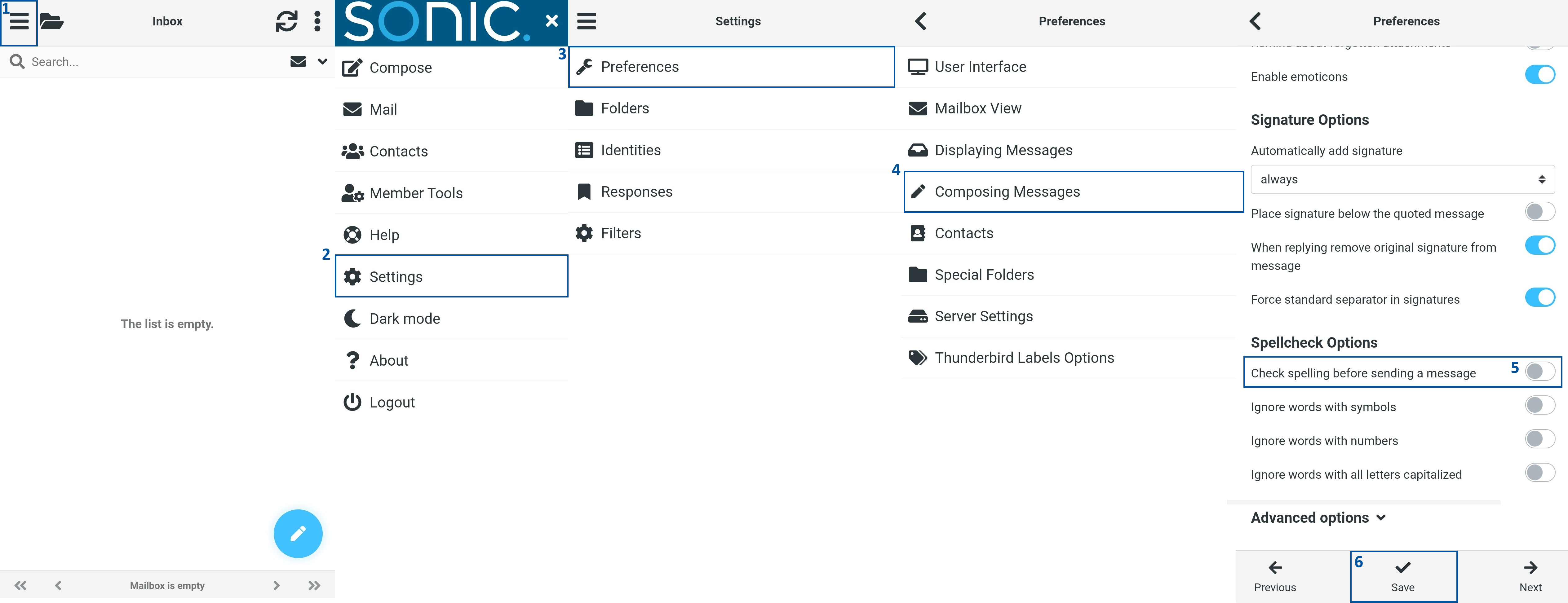 Email settings interface demonstrating steps to open the menu (1), select “Settings” (2), choose “Preferences” (3), open “Composing Messages” (4), enable “Check spelling before sending a message” (5), and click “Save” (6).