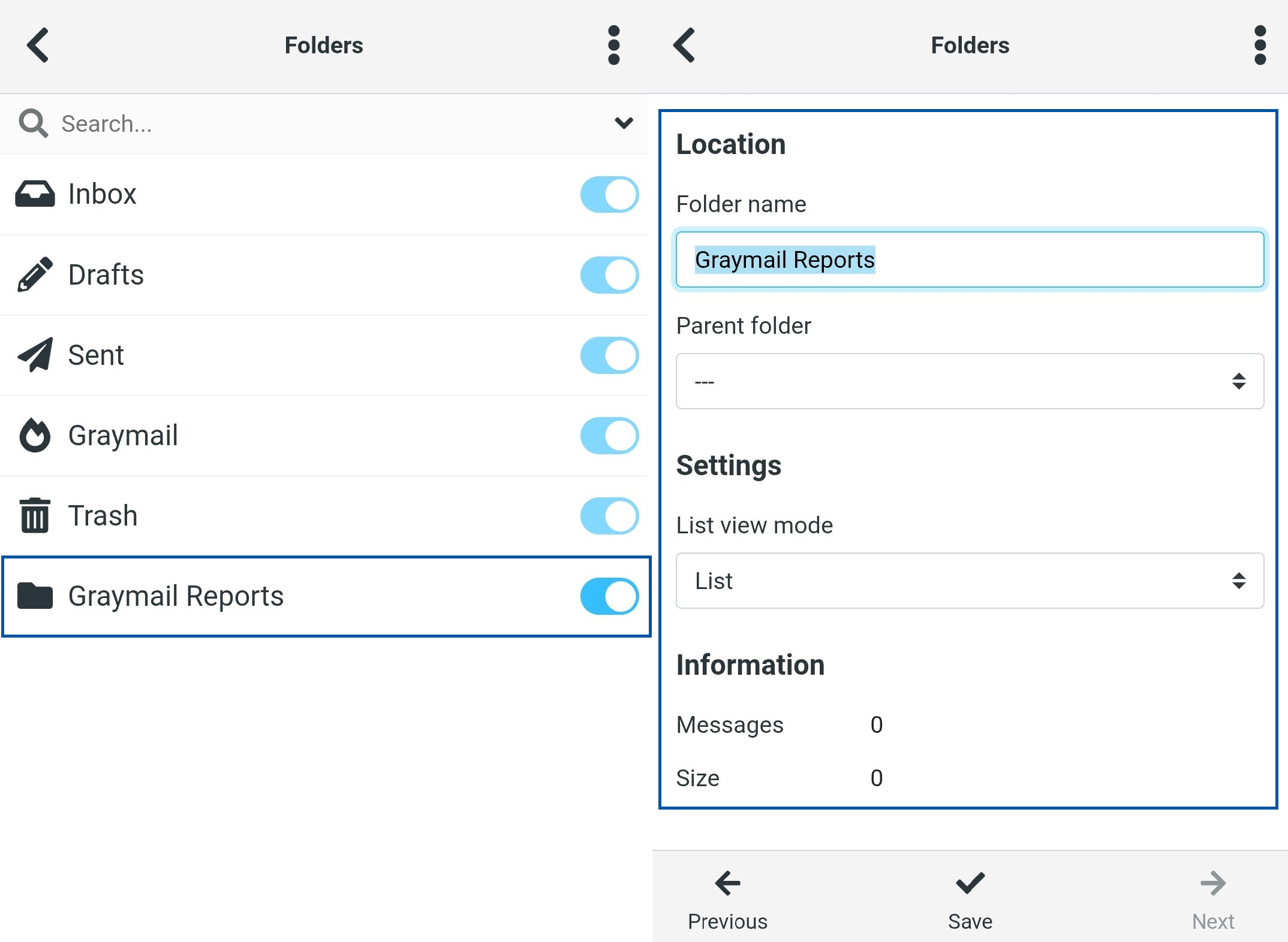 Email Folders page highlighting the “Graymail Reports” folder and its visibility toggle, with folder details shown on the right including the folder name, parent folder, list view mode, and information such as message count and size. 