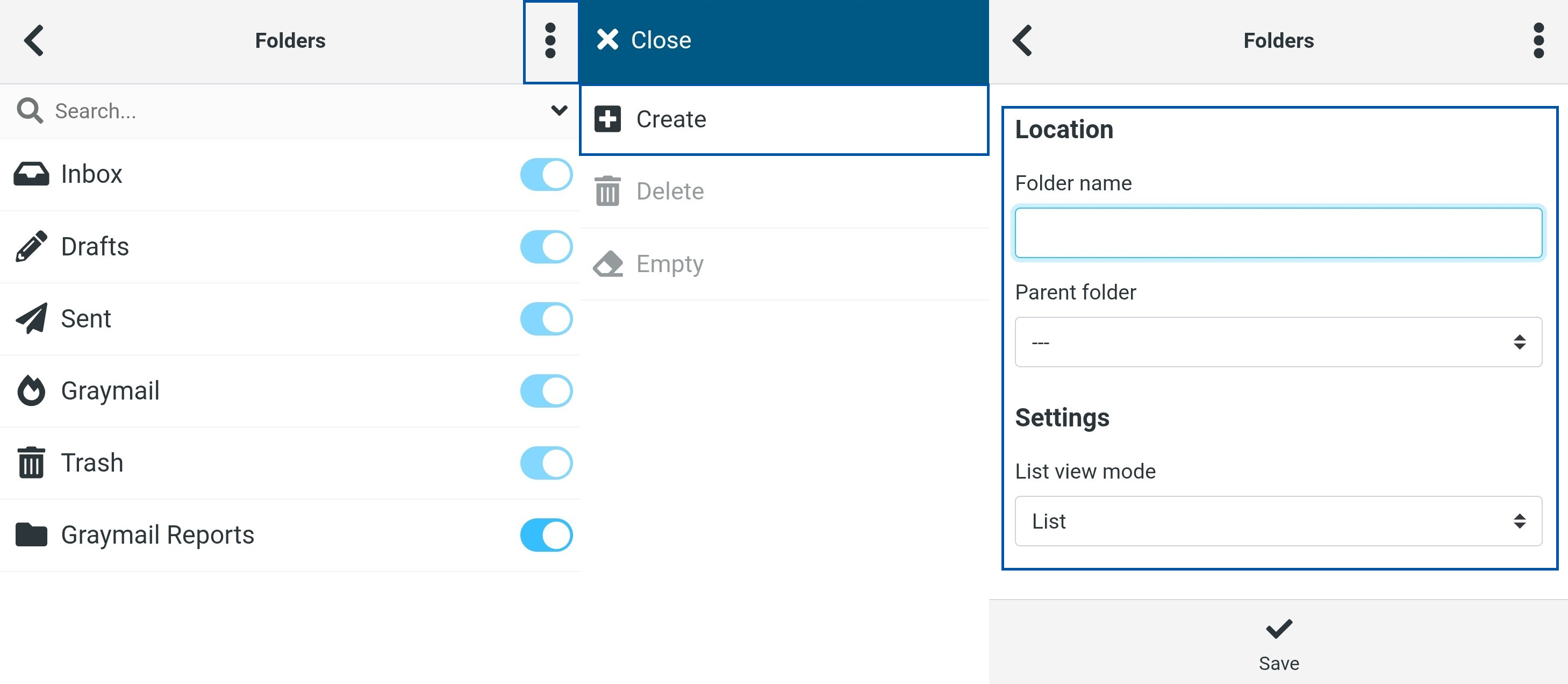 Email Folders page highlighting the options menu with “Create” selected, with the folder details panel on the right for adding a new folder.