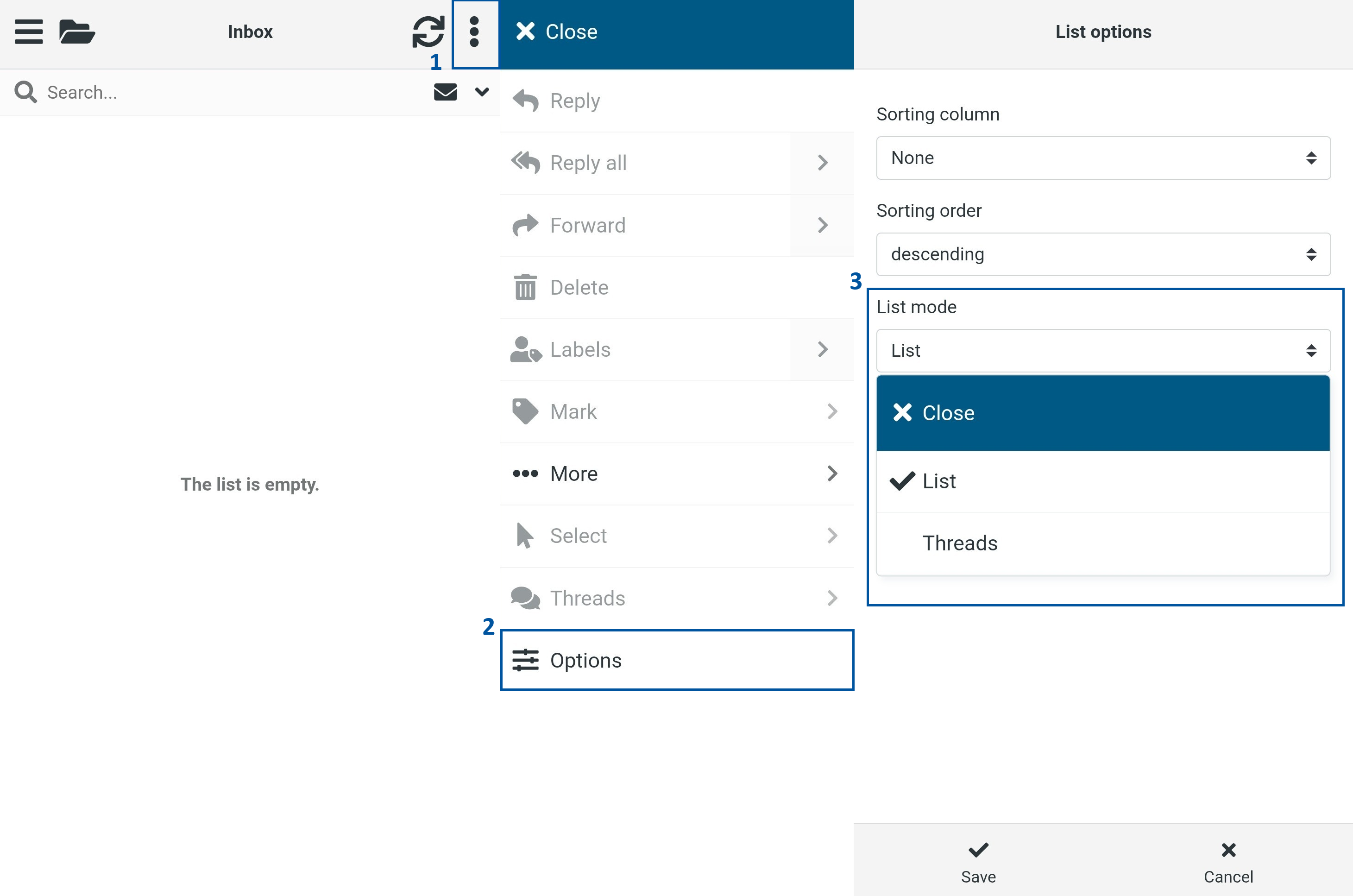 Email inbox interface demonstrating steps to open the options menu (1), select “Options” (2), and adjust list settings (3), including “List mode” with choices for List or Threads.