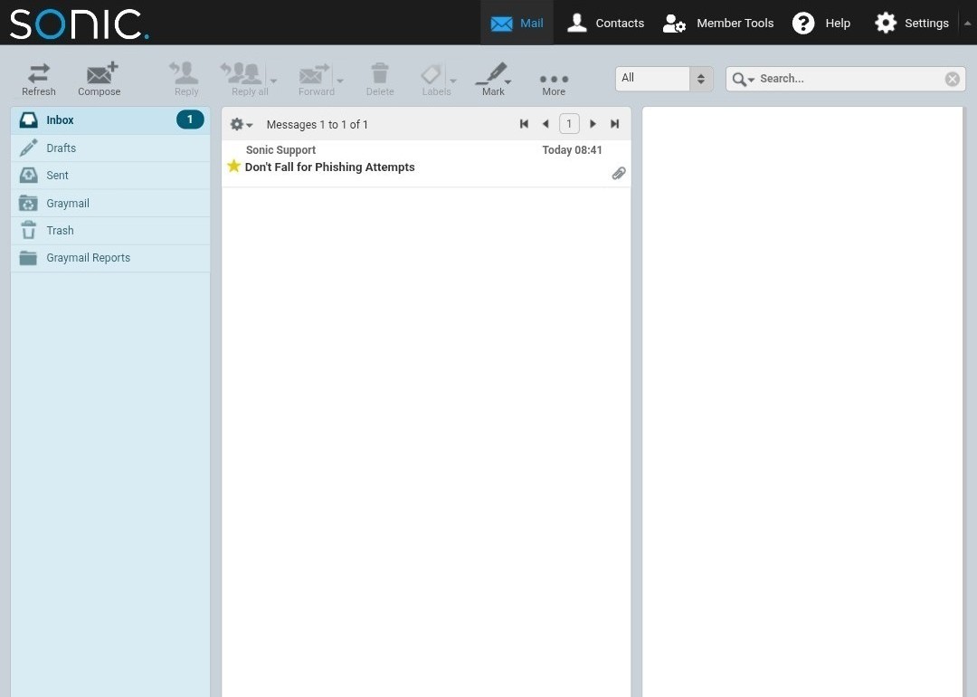 Email inbox interface in the Larry theme showing the Inbox folder selected with one message from Sonic Support titled “Don’t Fall for Phishing Attempts,” along with a folder list on the left including Drafts, Sent, Graymail, Trash, and Graymail Reports.