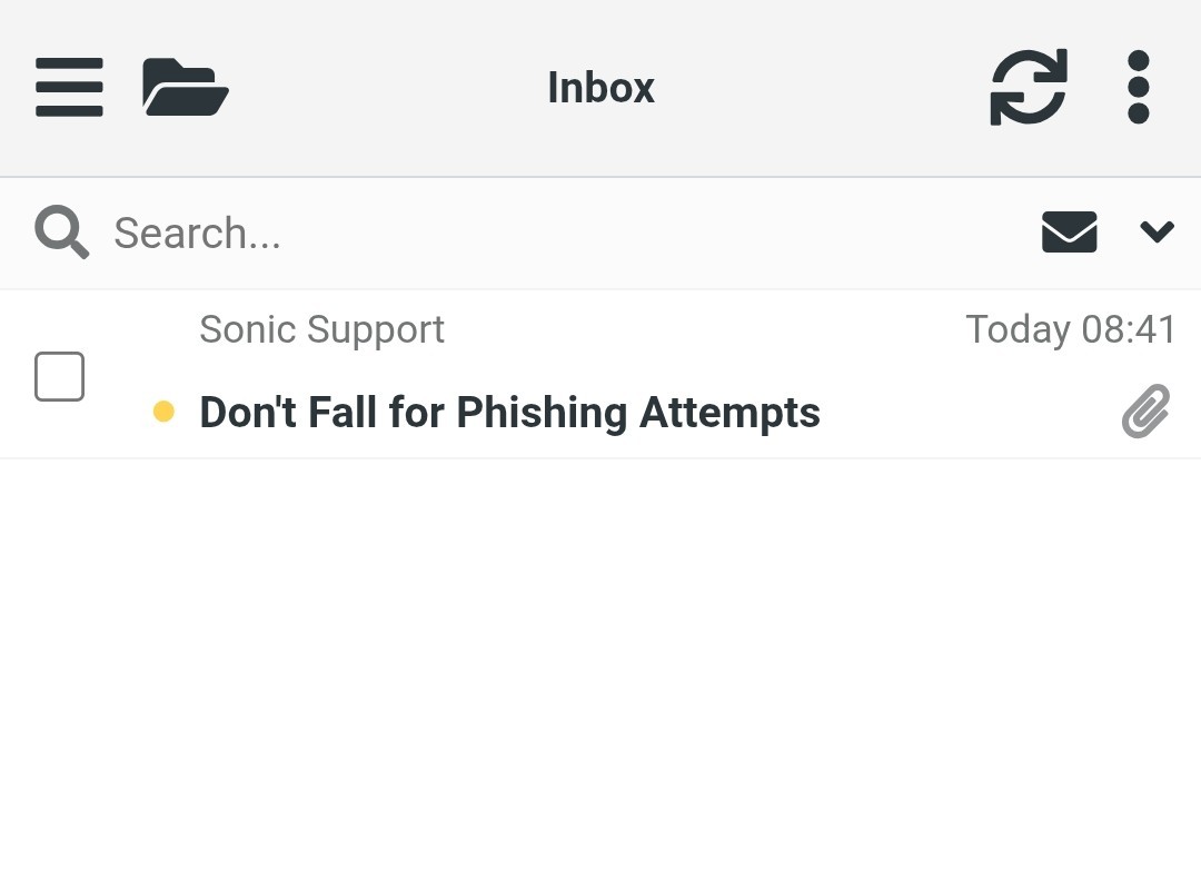 Email inbox interface in the Elastic theme showing a message from Sonic Support titled “Don’t Fall for Phishing Attempts,” with the Inbox header, search bar, and message controls visible.