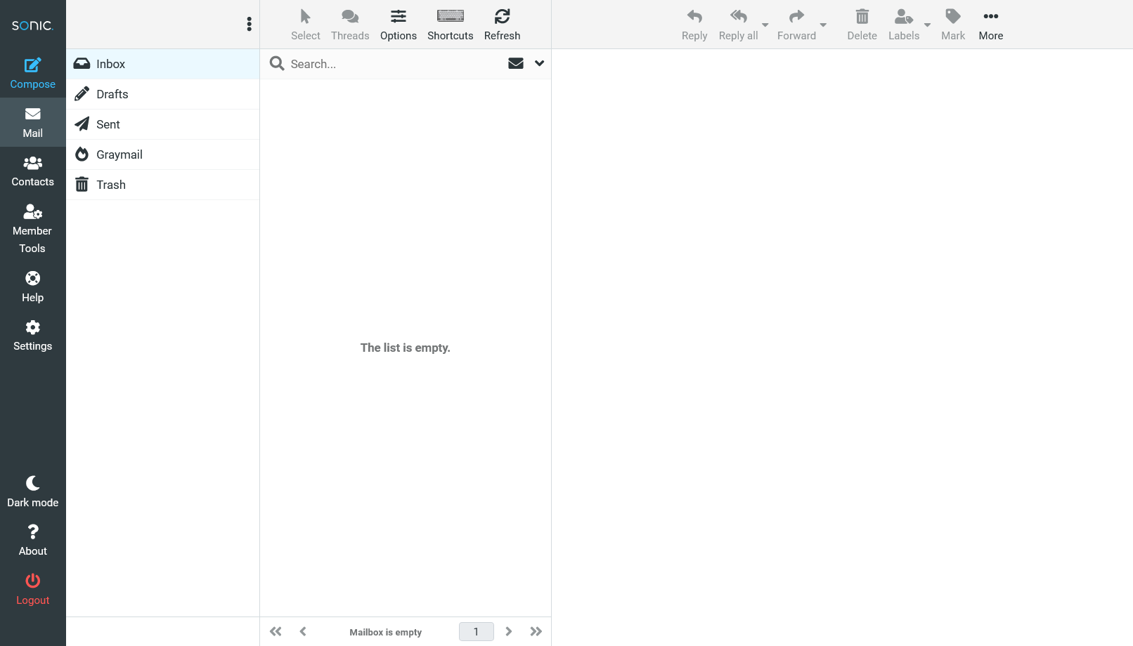 Sonic webmail interface showing the inbox view with the “Inbox” folder selected in the left sidebar, a top toolbar with options such as Select, Threads, Options, Shortcuts, and Refresh, and an empty message list area displaying “The list is empty.”