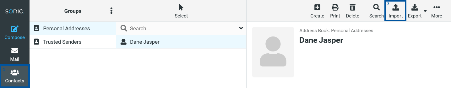 Sonic webmail Contacts view with the “Contacts” section selected in the left sidebar (1) and the top toolbar showing the “Import” option highlighted (2), while a contact entry for Dane Jasper is selected in the main panel.