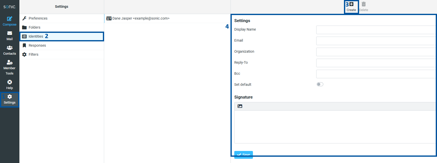 Sonic webmail Settings page with the “Settings” section selected in the left sidebar (1), the “Identities” option highlighted (2), a “Create” button shown at the top right (3), and the identity settings panel (4) displaying fields for Display Name, Email, Organization, Reply-To, Bcc, a default toggle, and a Signature editor with a Save button.