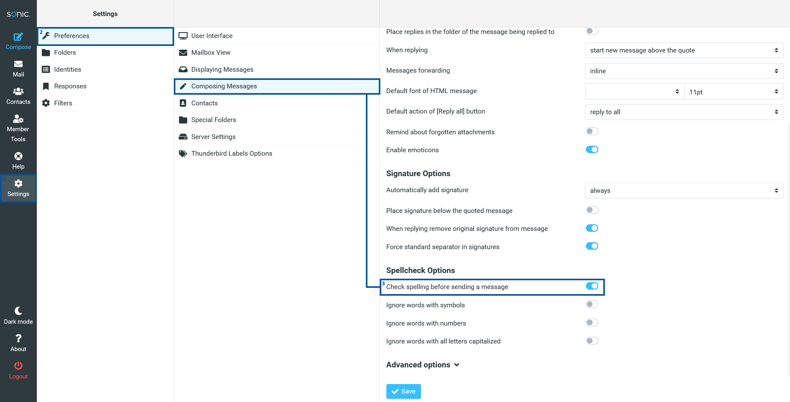 Sonic webmail Settings page with “Settings” selected in the left sidebar (1), “Preferences” highlighted (2), and “Composing Messages” selected, showing main and signature options, with the “Check spelling before sending a message” setting enabled and highlighted (3) under Spellcheck Options.