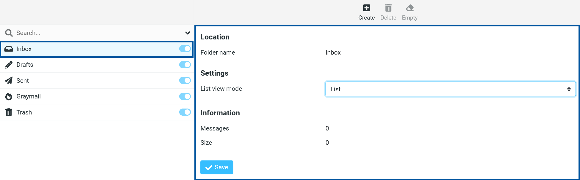 Sonic webmail Settings page with “Folders” selected, showing the folder list on the left with “Inbox” highlighted, and the folder settings panel on the right with the “List view mode” dropdown highlighted and set to “List.”
