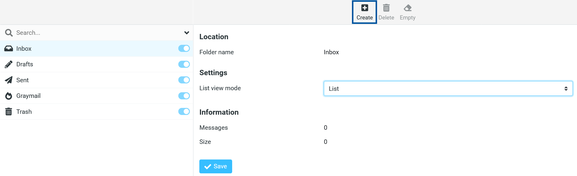 Sonic webmail Settings page with “Folders” selected, showing the folder list on the left and the “Create” button highlighted in the top toolbar.