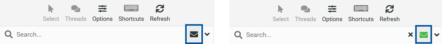 Sonic webmail toolbar showing the envelope icon in the top-right corner highlighted, with one version displaying a gray icon and another showing a green icon with a close (X) button next to the search bar.