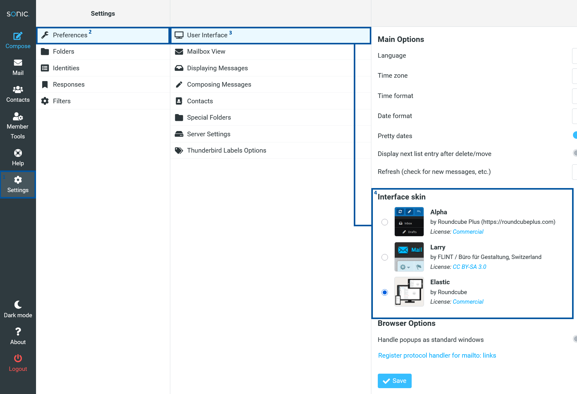 Sonic webmail Settings page showing Preferences and User Interface sections, with the Interface skin options panel open on the right and “Elastic” selected, alongside other themes like Alpha and Larry.