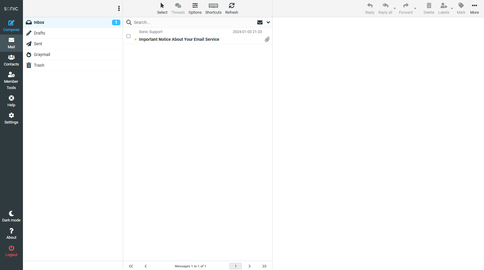 Sonic webmail inbox in light mode showing a single message from Sonic Support titled “Important Notice About Your Email Service,” with the left sidebar displaying folders and navigation and an empty preview pane on the right.