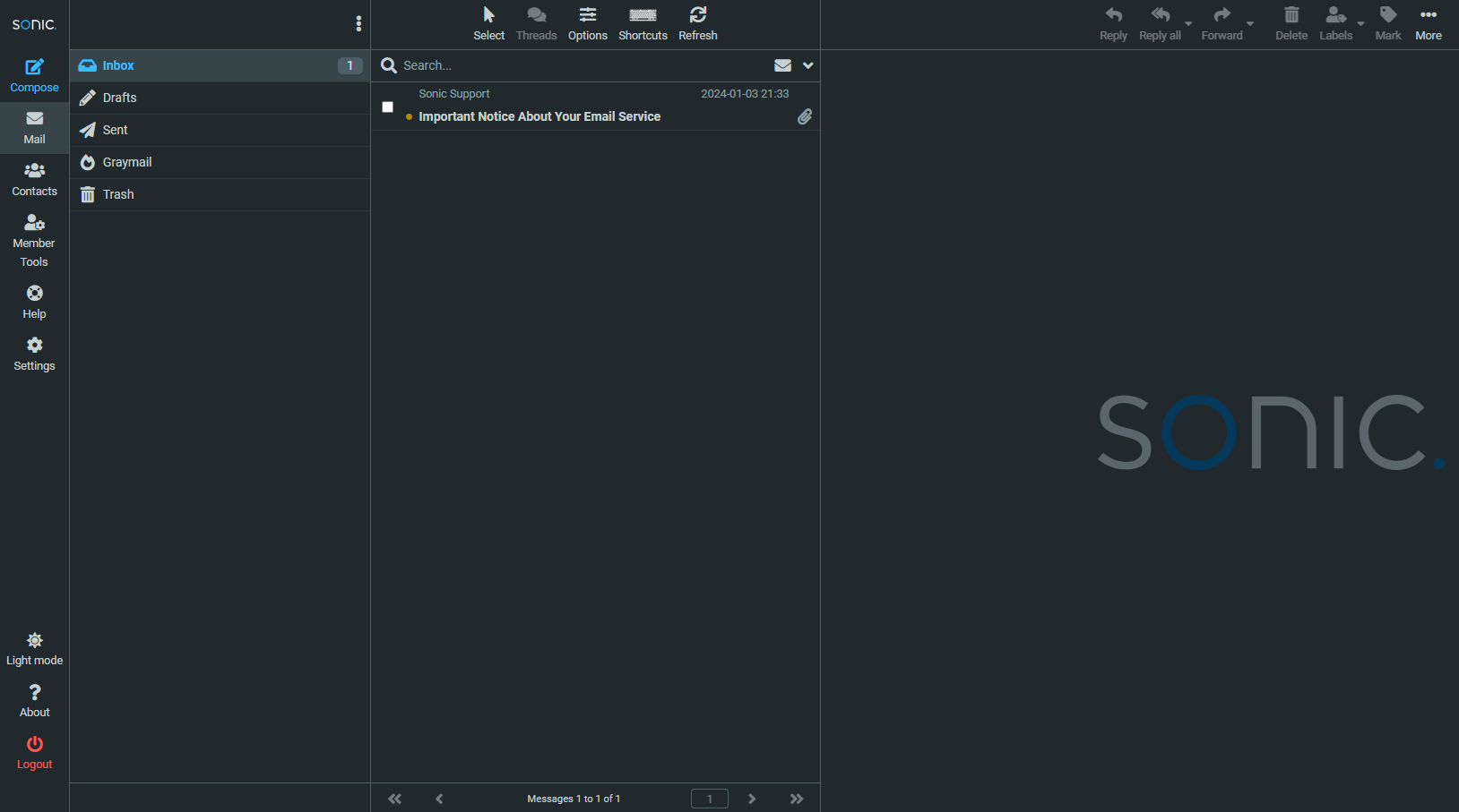 Sonic webmail inbox in dark mode showing a single message from Sonic Support titled “Important Notice About Your Email Service,” with a dark sidebar for folders and navigation and a message preview area on the right featuring a faint Sonic logo.