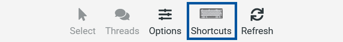 Sonic webmail toolbar showing options including Select, Threads, Options, Shortcuts, and Refresh, with the “Shortcuts” option highlighted
