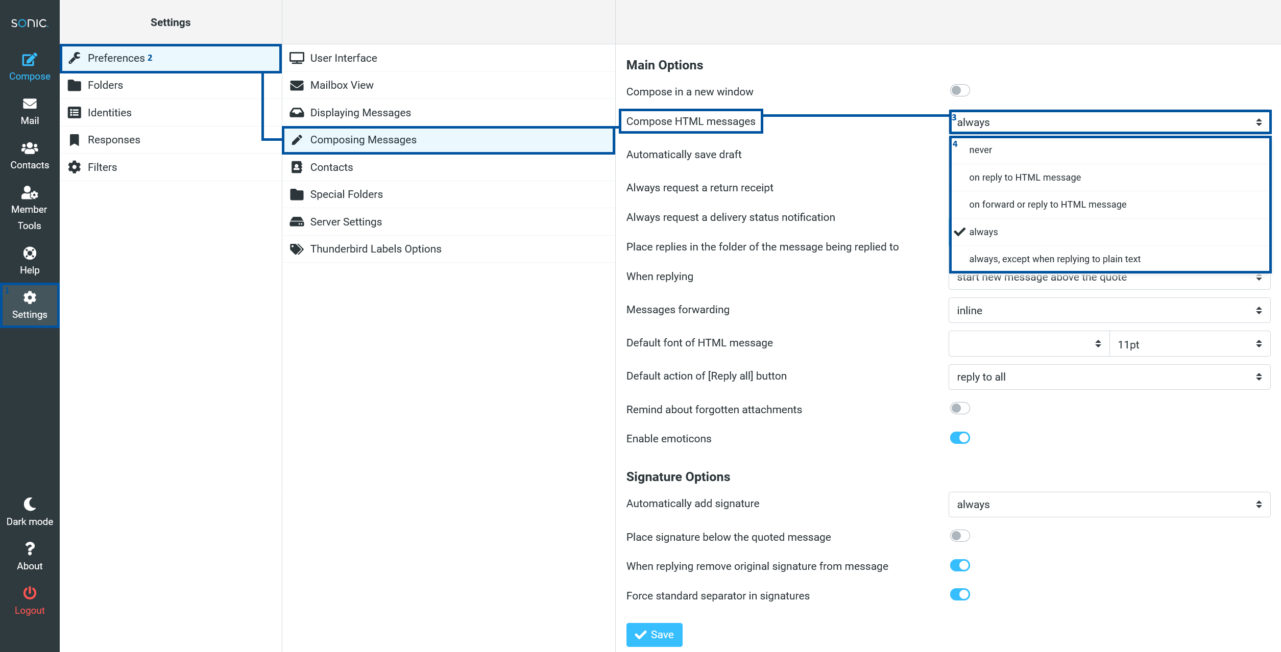 Sonic webmail Settings page with “Settings” selected in the left sidebar (1), “Preferences” highlighted (2), and “Composing Messages” selected in the settings categories, showing the “Compose HTML messages” option with a dropdown set to “always” (3) and expanded choices (4) including never and other reply or forward conditions.