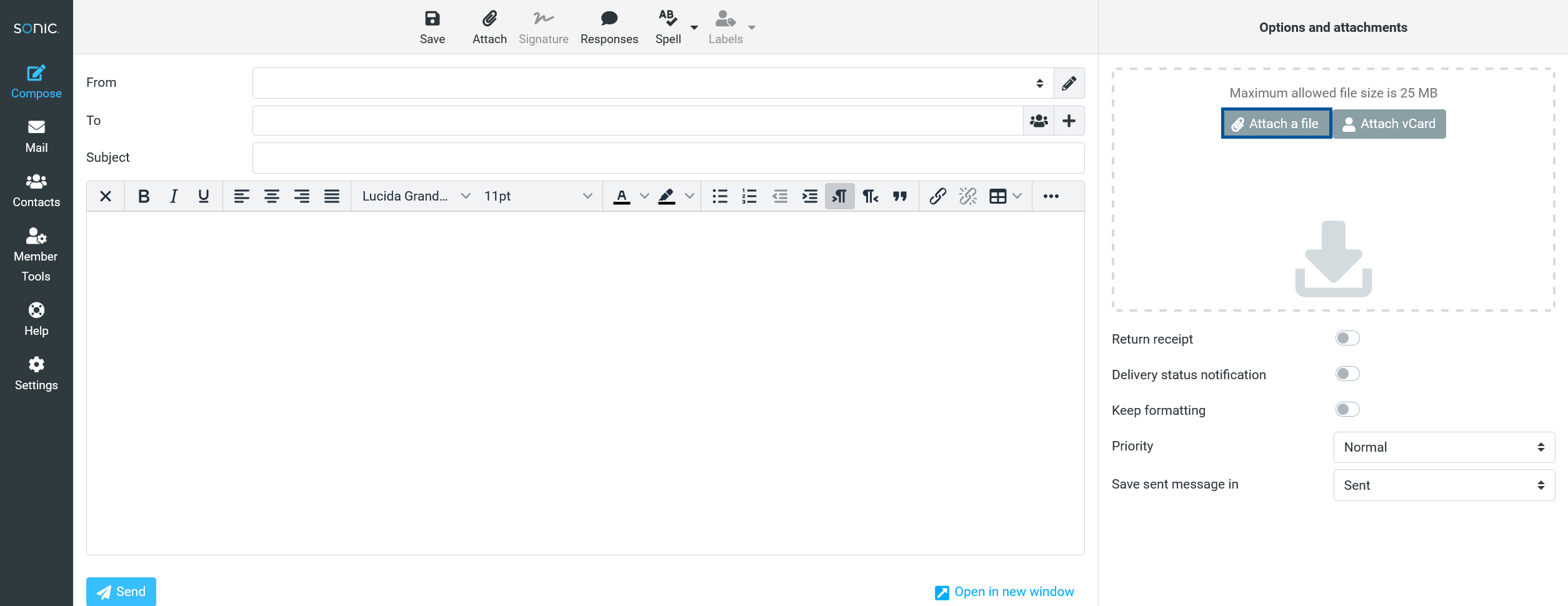 Sonic webmail compose message window showing fields for From, To, and Subject, with a formatting toolbar and message body area, and the “Attach a file” button highlighted in the Options and attachments panel on the right.