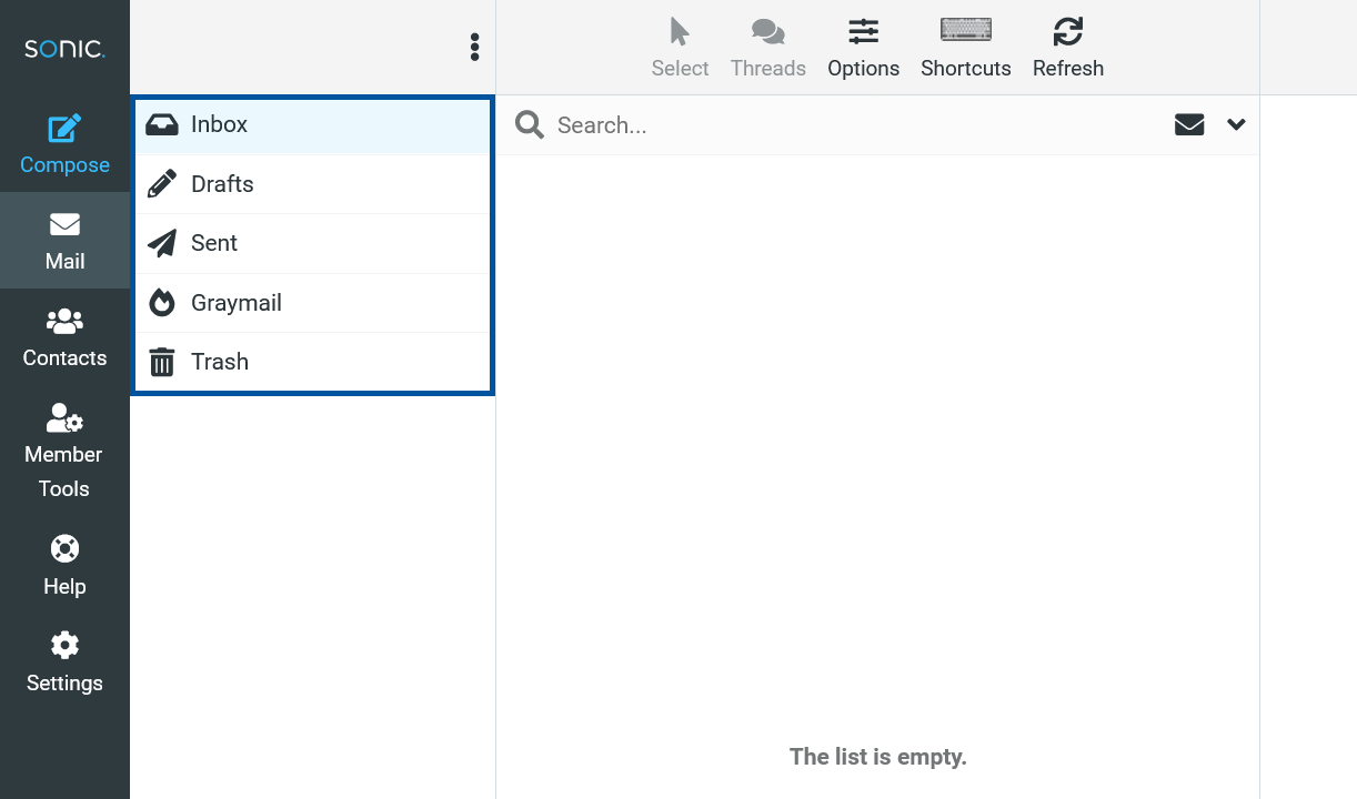 Sonic webmail inbox view showing the folder list in the left sidebar, with “Inbox,” “Drafts,” “Sent,” “Graymail,” and “Trash” highlighted as a group, and an empty message list displayed in the main panel.