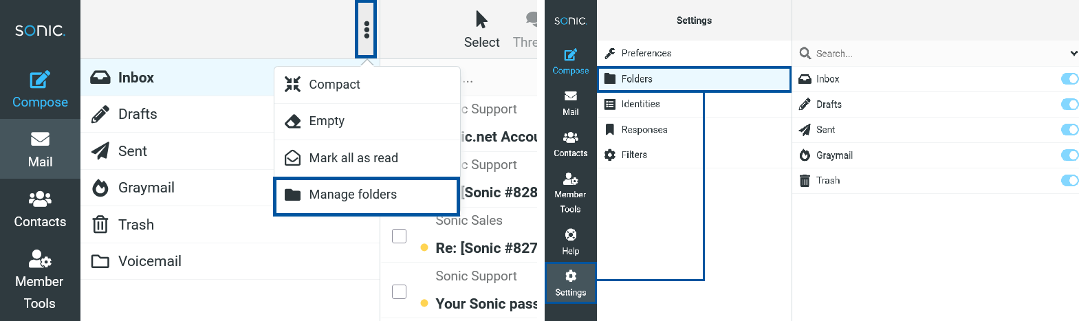 Sonic webmail interface showing the inbox view with the folder menu open (1), the “Manage folders” option highlighted (2), and the Settings panel open with “Folders” (3) and “Identities” (4) highlighted in the navigation menu.
