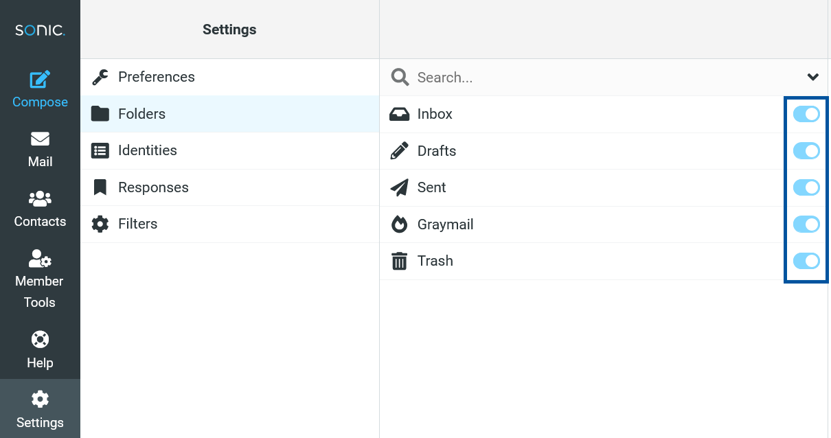 Sonic webmail Settings page with “Folders” selected, showing the folder list with toggle controls on the right highlighted.