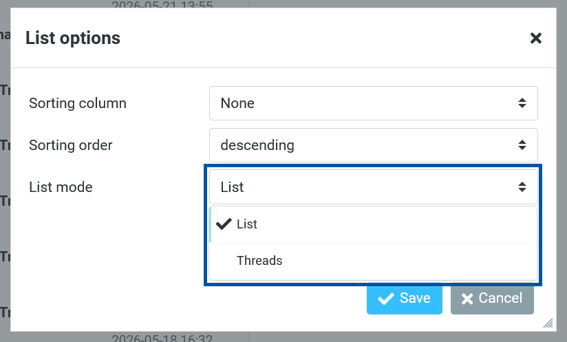 Sonic webmail “List options” dialog showing settings for Sorting column, Sorting order, and List mode, with the “List mode” dropdown expanded (2) displaying “List” selected and “Threads” as an option, along with Save and Cancel buttons at the bottom.