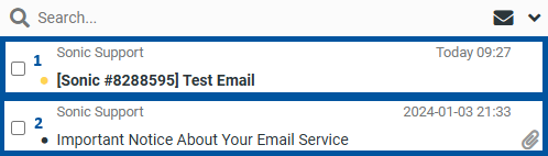 Sonic webmail inbox message list showing two emails selected using Shift+click, both from Sonic Support, with subject lines “[Sonic #8288595] Test Email” and “Important Notice About Your Email Service,” including timestamps and unread indicators.