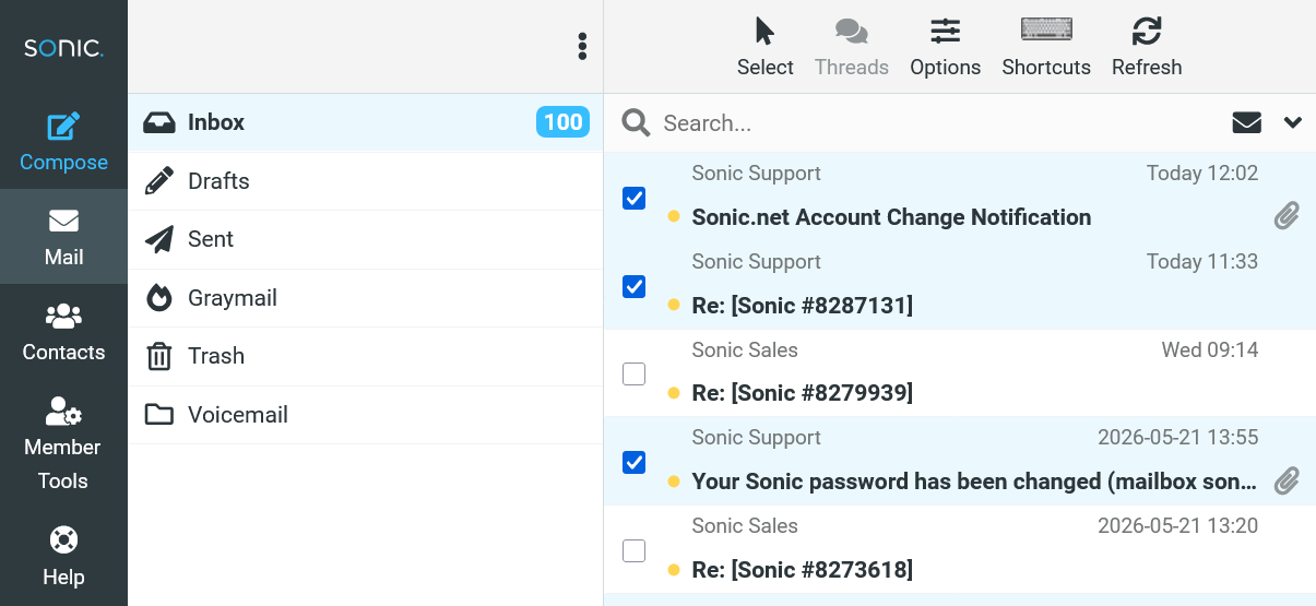 Screenshot of a Sonic webmail inbox with multiple emails selected, illustrating the use of Ctrl+click to select several messages in the list.