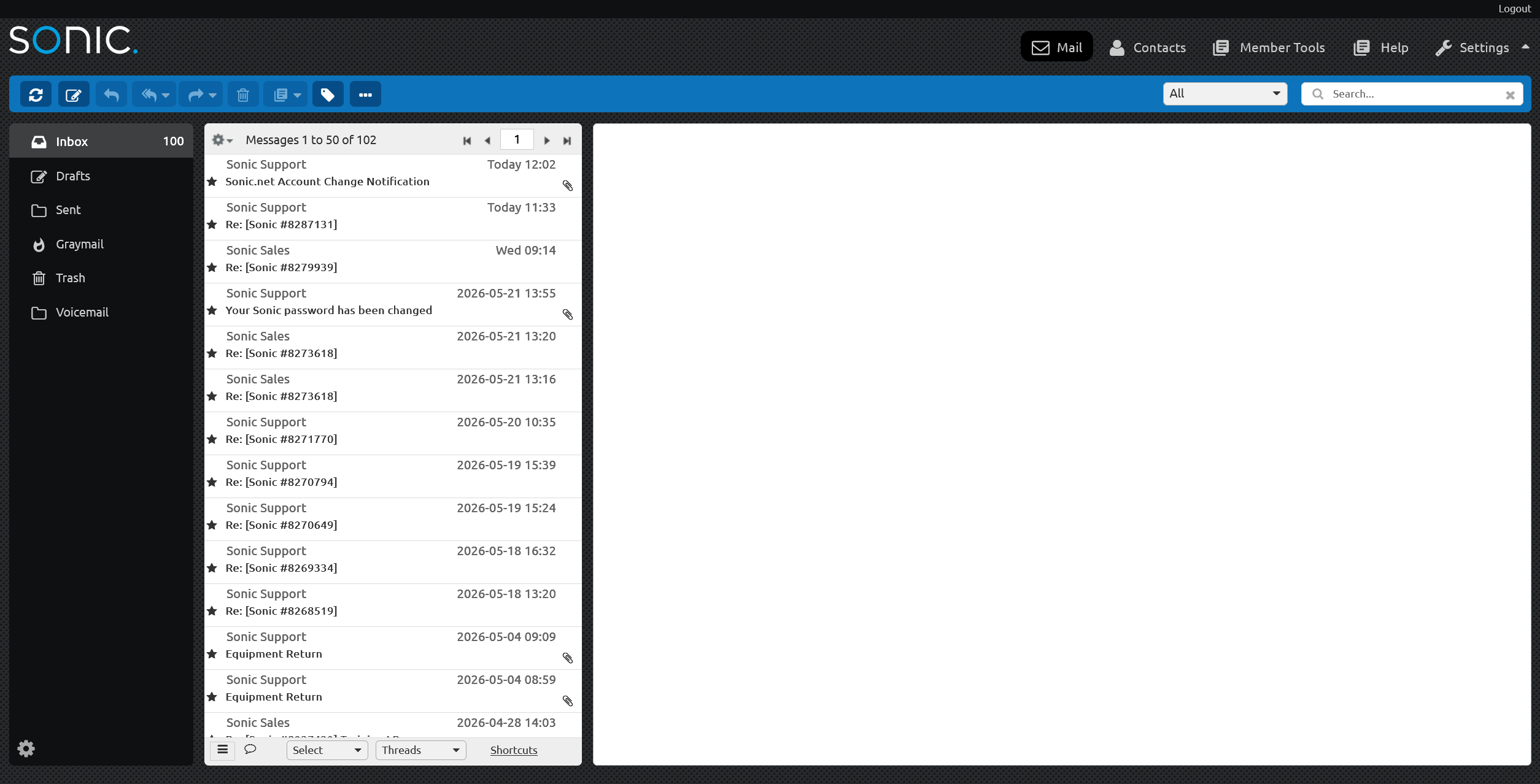 Sonic webmail inbox displayed in the Alpha theme, featuring a dark header and sidebar, a message list with emails from Sonic Support and Sales, and a preview pane on the right.