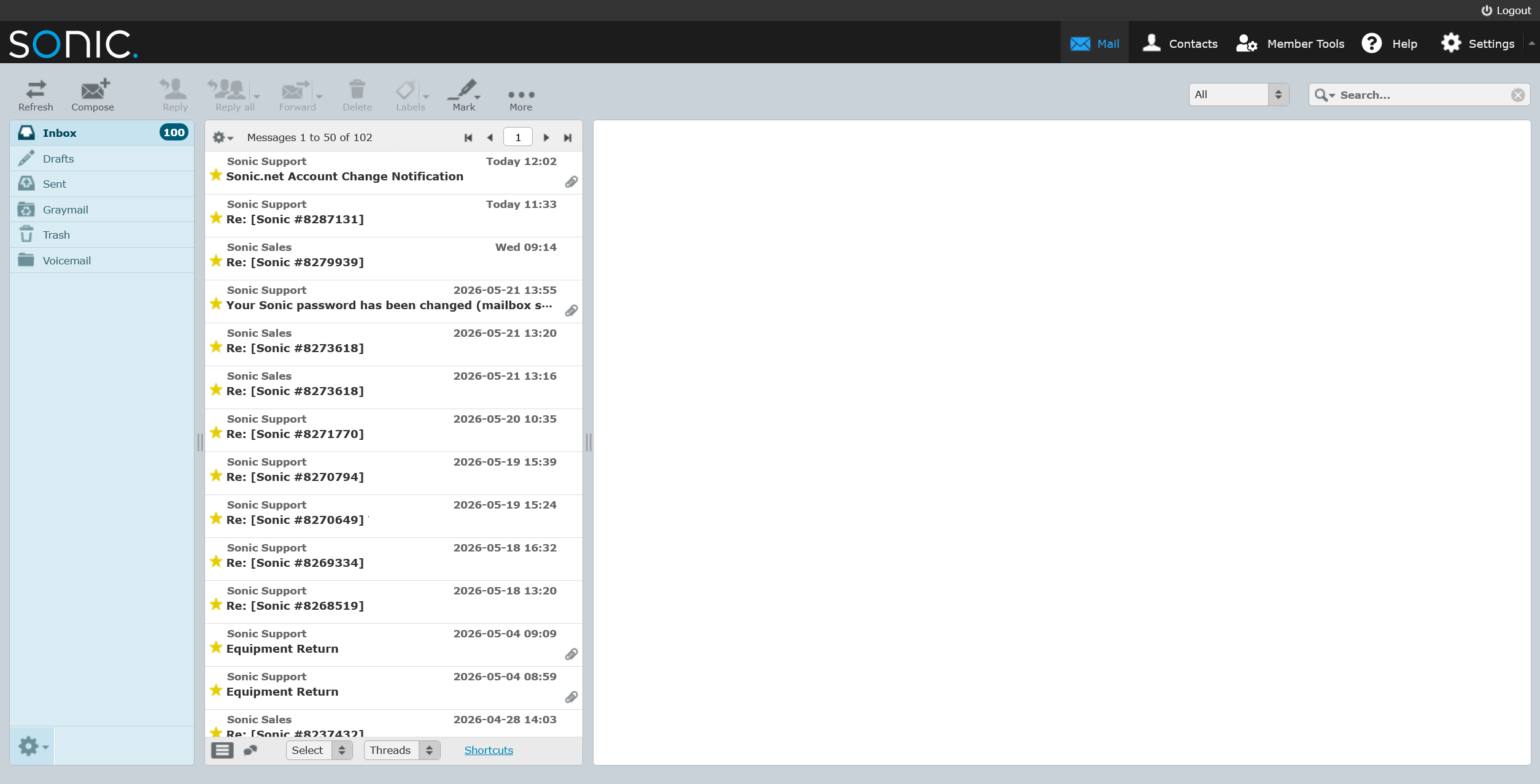 Sonic webmail inbox displayed in the Larry theme, featuring a light blue sidebar, a message list with emails from Sonic Support and Sales, and a preview pane on the right