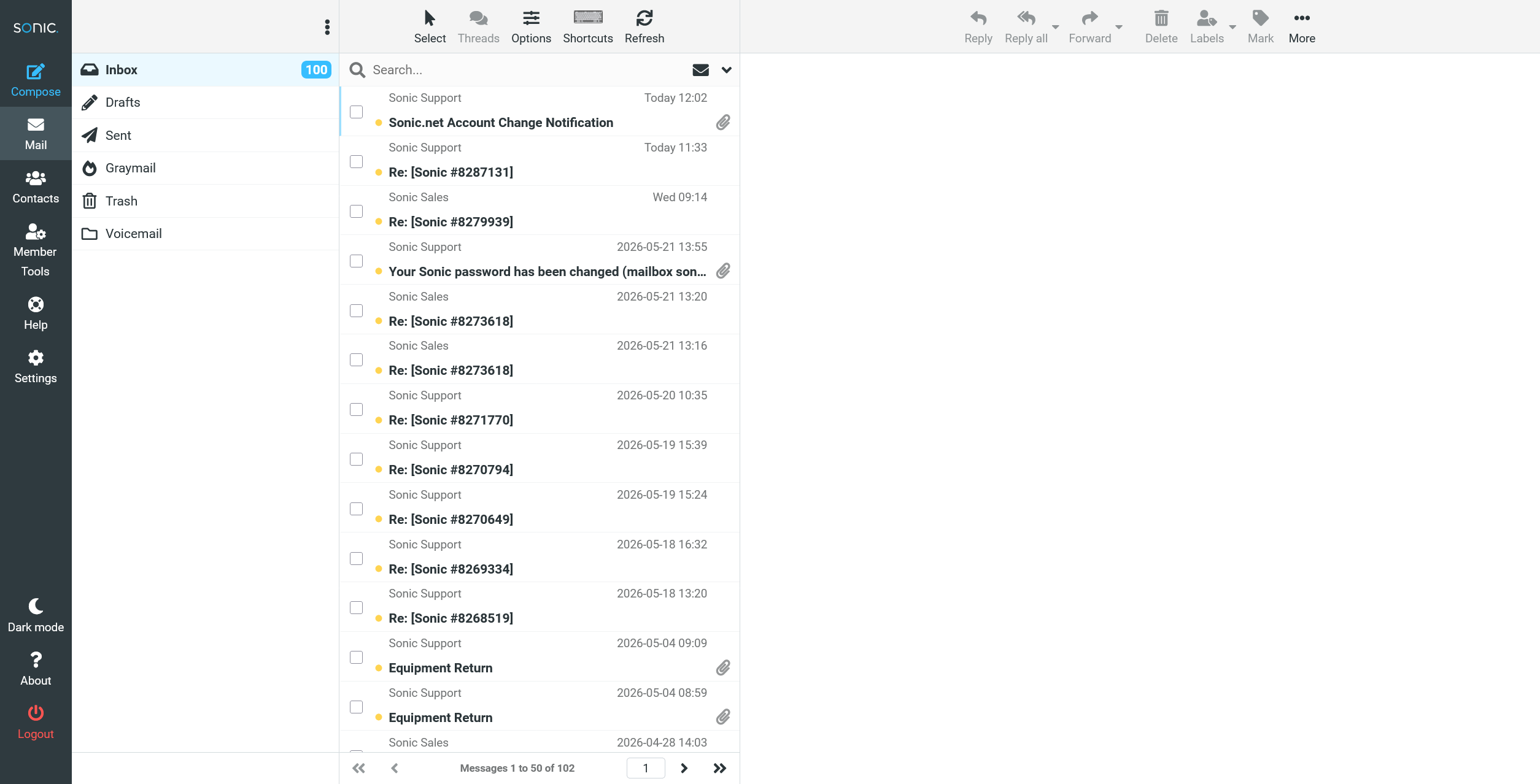 Sonic webmail inbox displayed in the Elastic theme, featuring a light interface with a left sidebar, a message list of emails from Sonic Support and Sales, and a preview pane on the right.