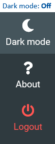Sonic webmail sidebar showing Dark mode set to Off, with options for About and Logout displayed below.