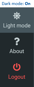 Sonic webmail sidebar showing Dark mode enabled with a Light mode toggle, along with About and Logout options displayed below.
