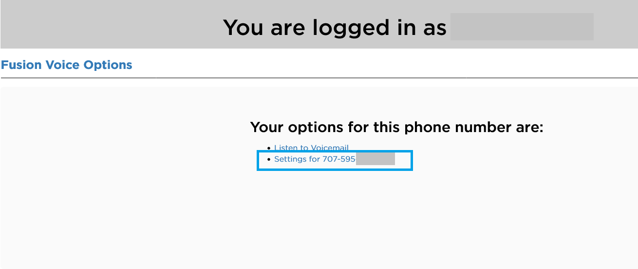 Member Tool Voice settings page highlighting the “Fusion Voice Options” section and the “Settings for [phone number]” link.